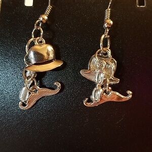 Hat Mustache Glasses Silver Faux Earrings